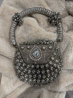Silver Jeweled Mini Evening Bag with Decorative Handle